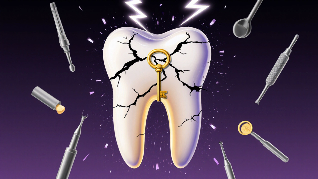 Rozpadající se přední zub s klíčem symbolizujícím kořenovou léčbu.