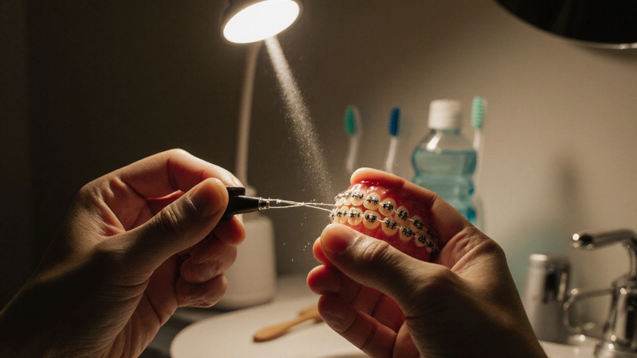 Ruka používá floss threader k protažení nitě pod drátek rovnátek.