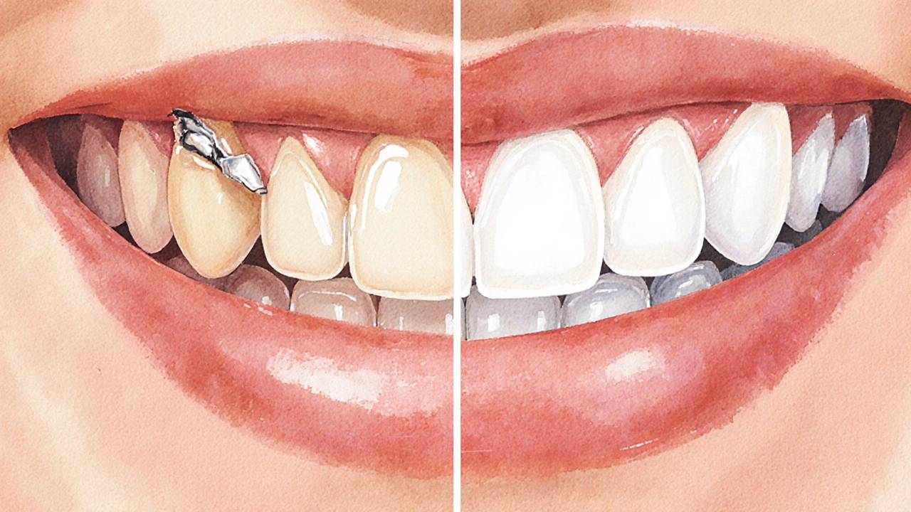 Side-by-side view of a chipped tooth and the same tooth restored with a porcelain veneer.