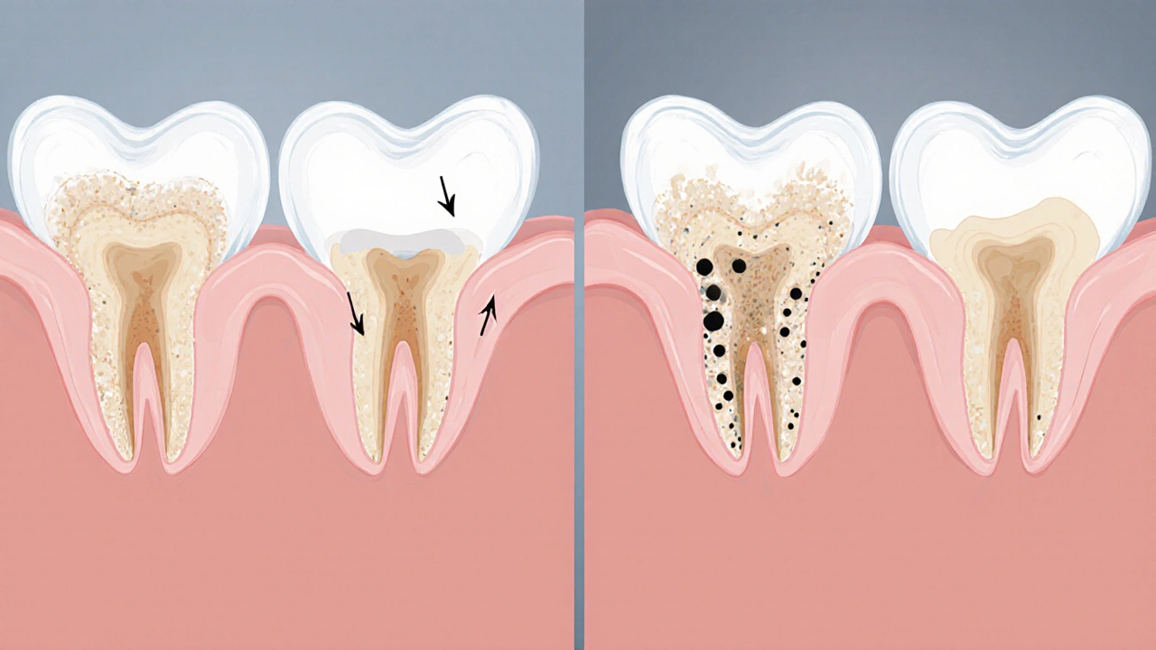Srovnání zdravé a odhalené dásně s plakem a kariés na kořeni zubu.
