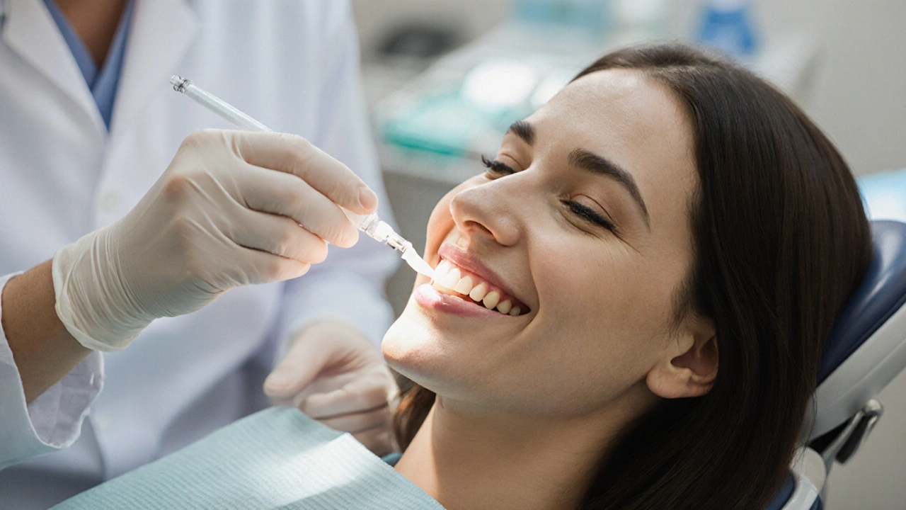 Stomatolog aplikuje ochranný gel během profesionálního bělení zubů.