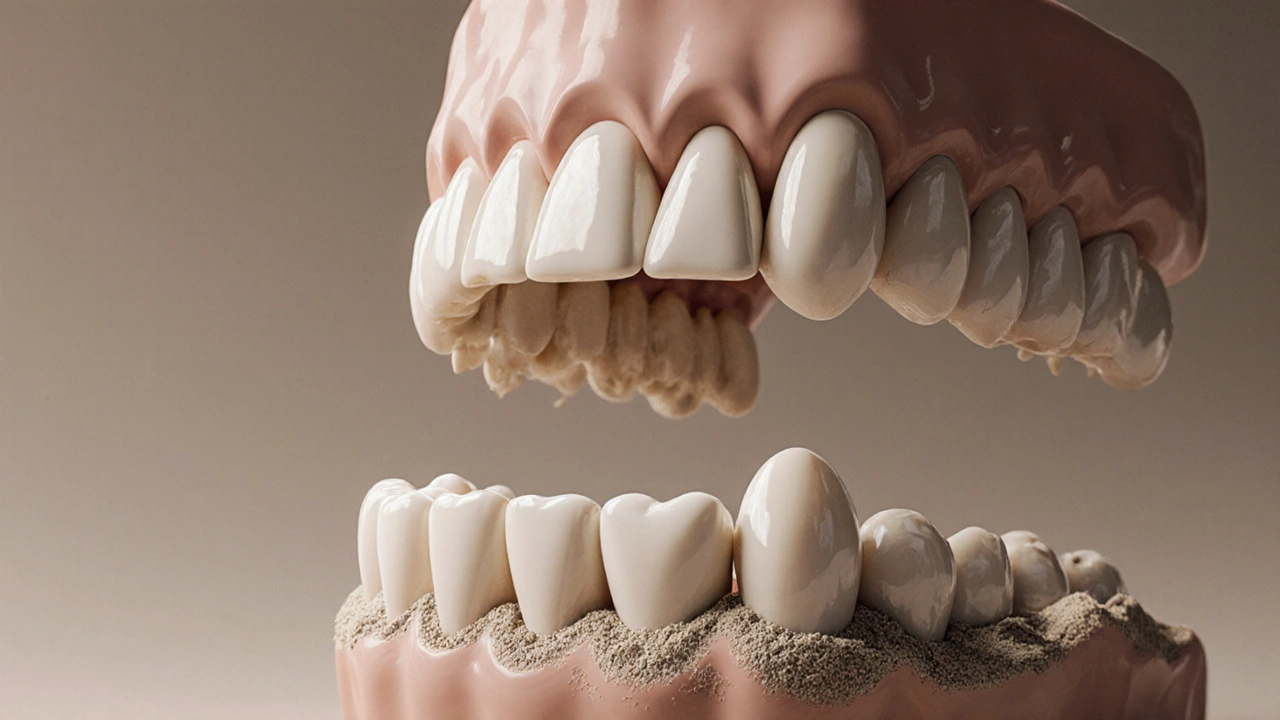 Tři zuby padající do prachu, zatímco horní zuby zůstávají pevně uložené v husté kosti.