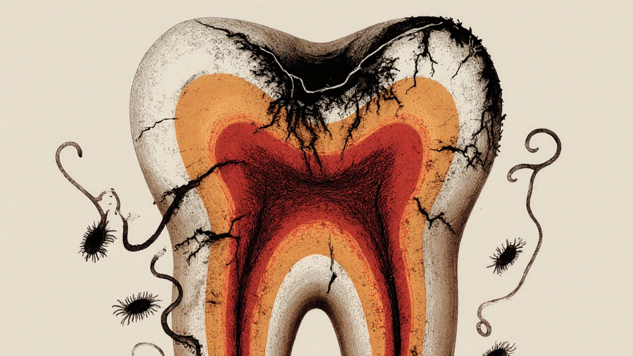 Vnitřní struktura zubu s mrtvou pulpou a bakteriemi šířícími se do čelisti.
