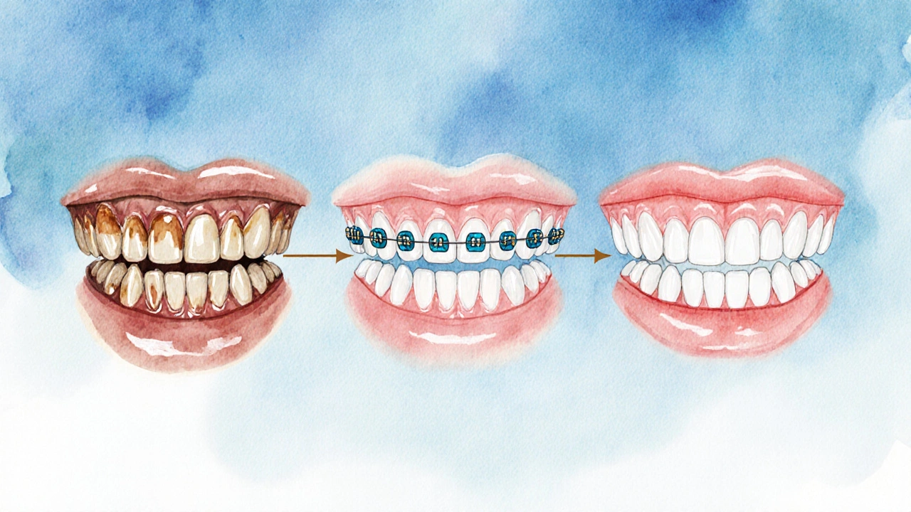 Vodová barva ilustrující postup od křivých zubů přes braketové systémy k rovným a bílým zubům.