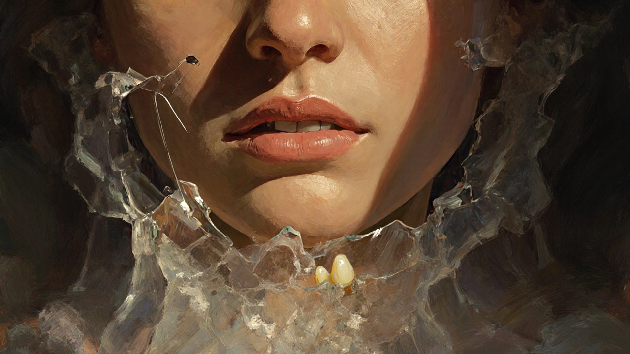 Žena s jemně pohyblivým dolním řezákem, kost pod ním vypadá křehce jako led.