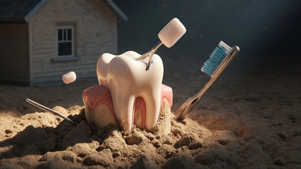 Zub jako dům s křehkým základem, dásně jako země, která se řítí, transplantace dásně jako oprava.