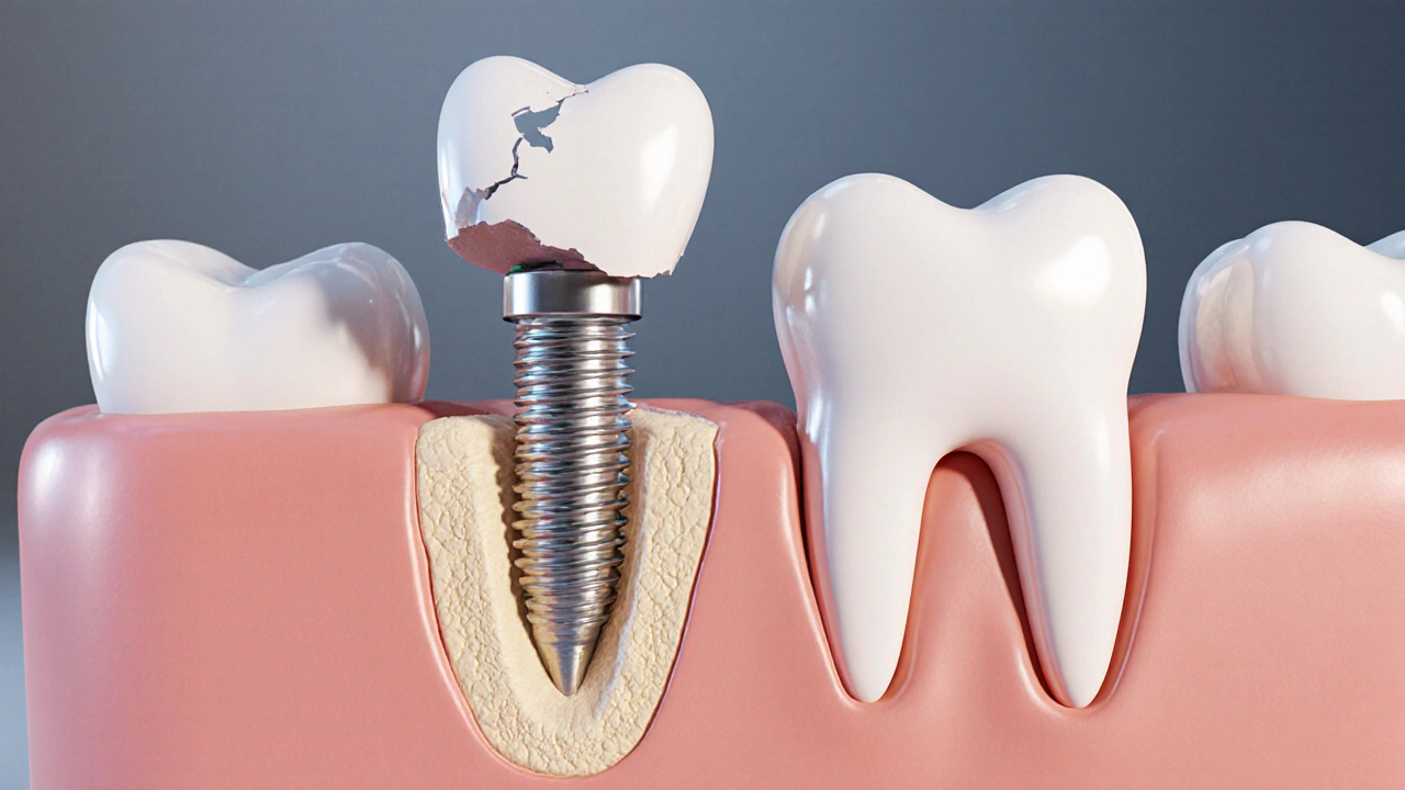 Zubní implantát s korunkou vedle zubu bez kořene
