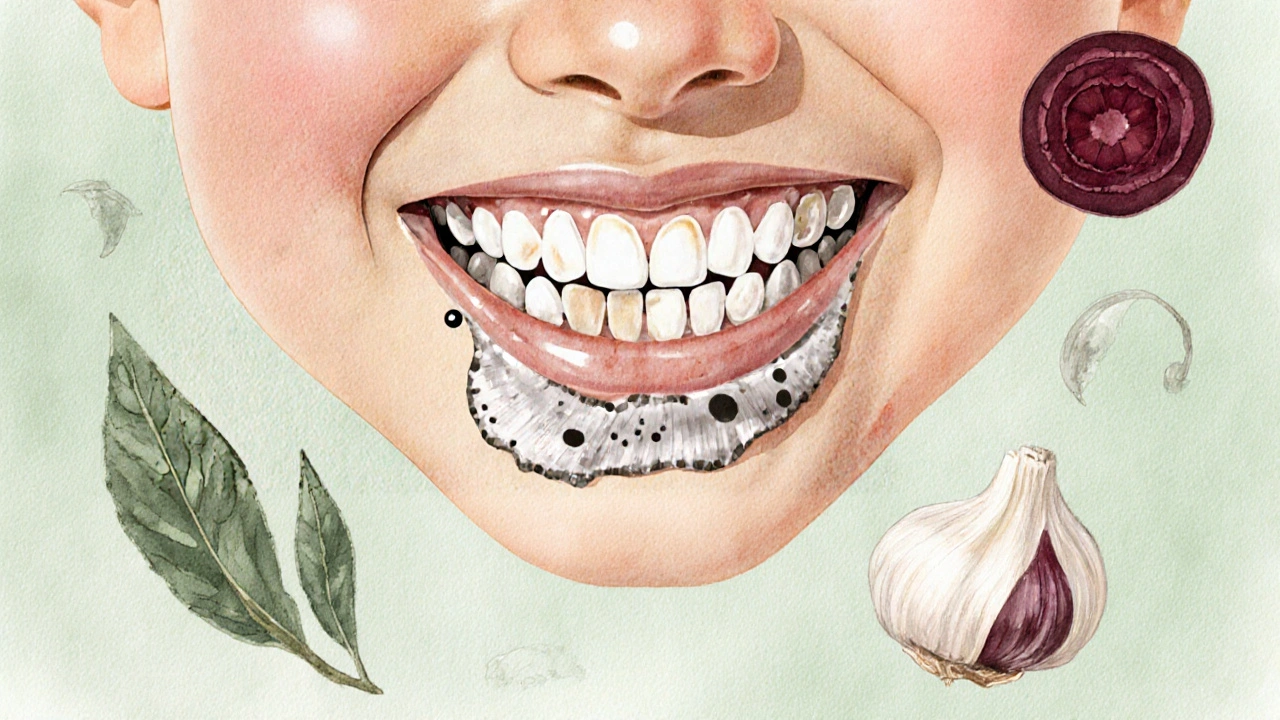 Zubní kámen na dětských zubech s přirozenými bylinami symbolicky ochraňujícími zuby.