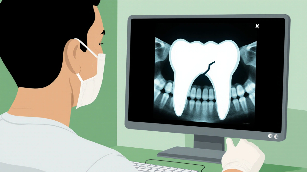 Zubní lékař dělá rentgen zubu s celým kořenem v klinice.
