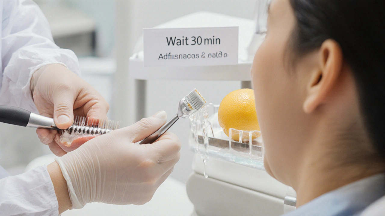 Zubní lékař odstraňuje zubní kámen, zatímco pacient čeká na čištění po kyselém jídle.