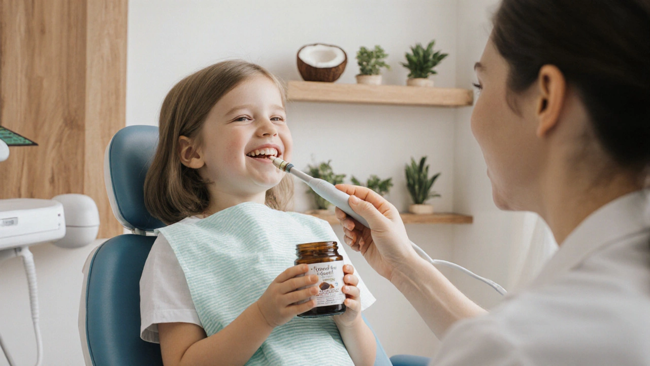 Zubní lékař odstraňující zubní kámen u dítěte, rodič sedí vedle s bylinnou zubní pastou.