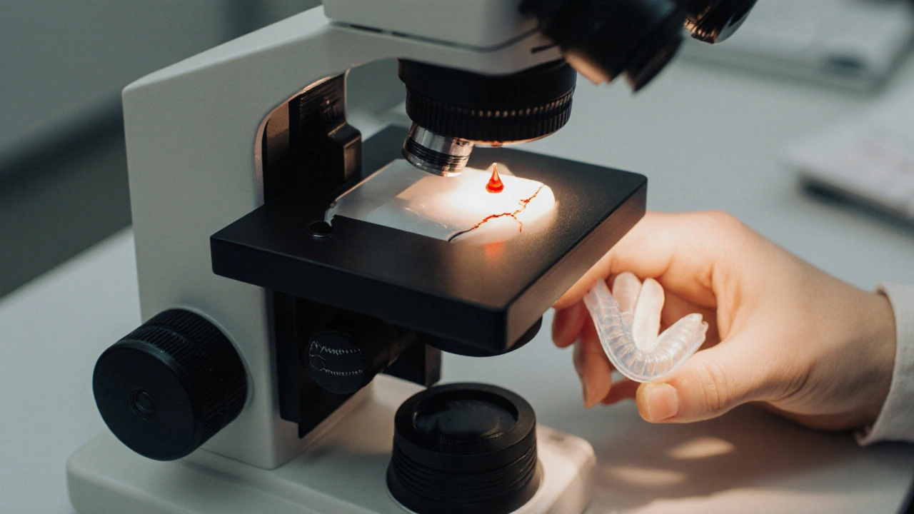 Zubní lékař prohlíží zub s červeným barvivem pod mikroskopem.
