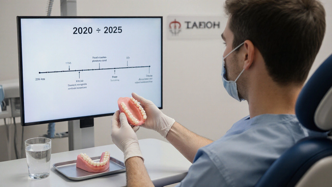 Zubní lékař ukazuje novou zubní protézu pacientovi v klinice, za nimi je digitální časová osa.