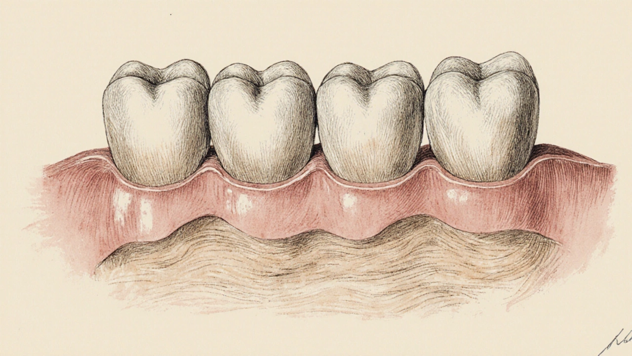 Zubní most připevněný na dvou sousedních zubech s opadávajícími dásněmi.