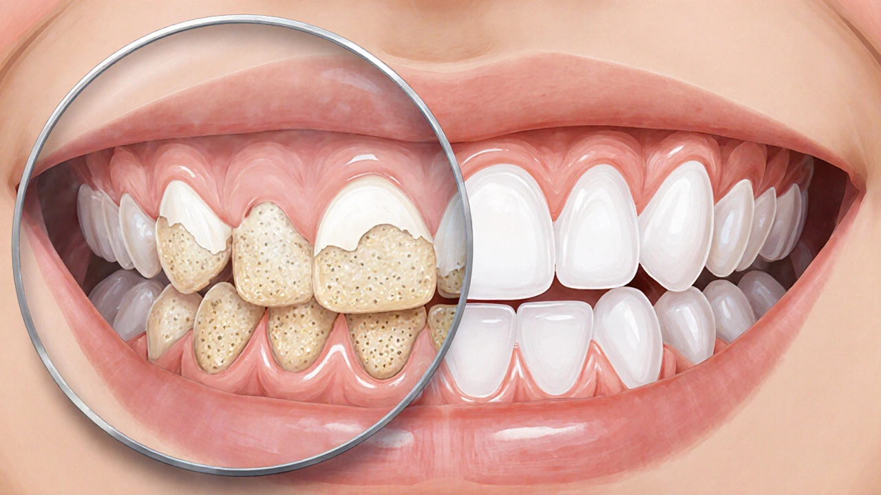 Zvětšený pohled na zubní plak a kámen na spodních řezácích zubech dítěte s vyznačenými bakteriemi a minerály.