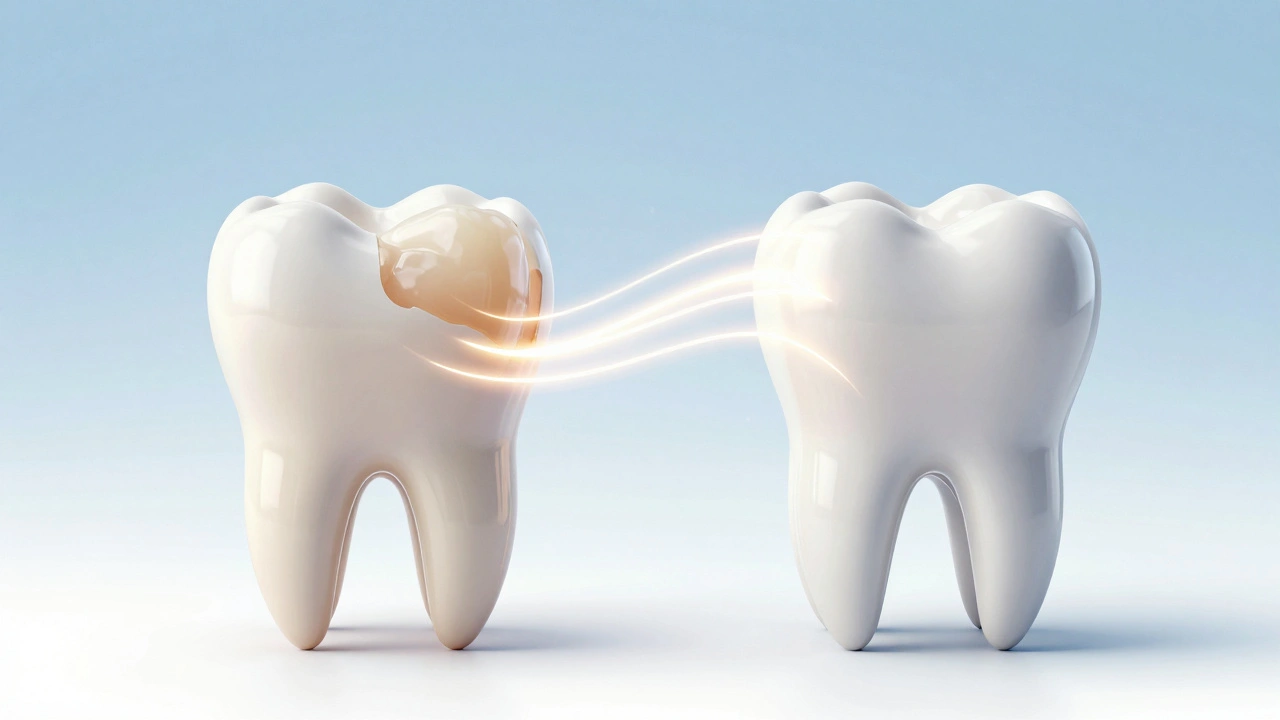 A decayed tooth transforming into a healthy one through composite restoration.