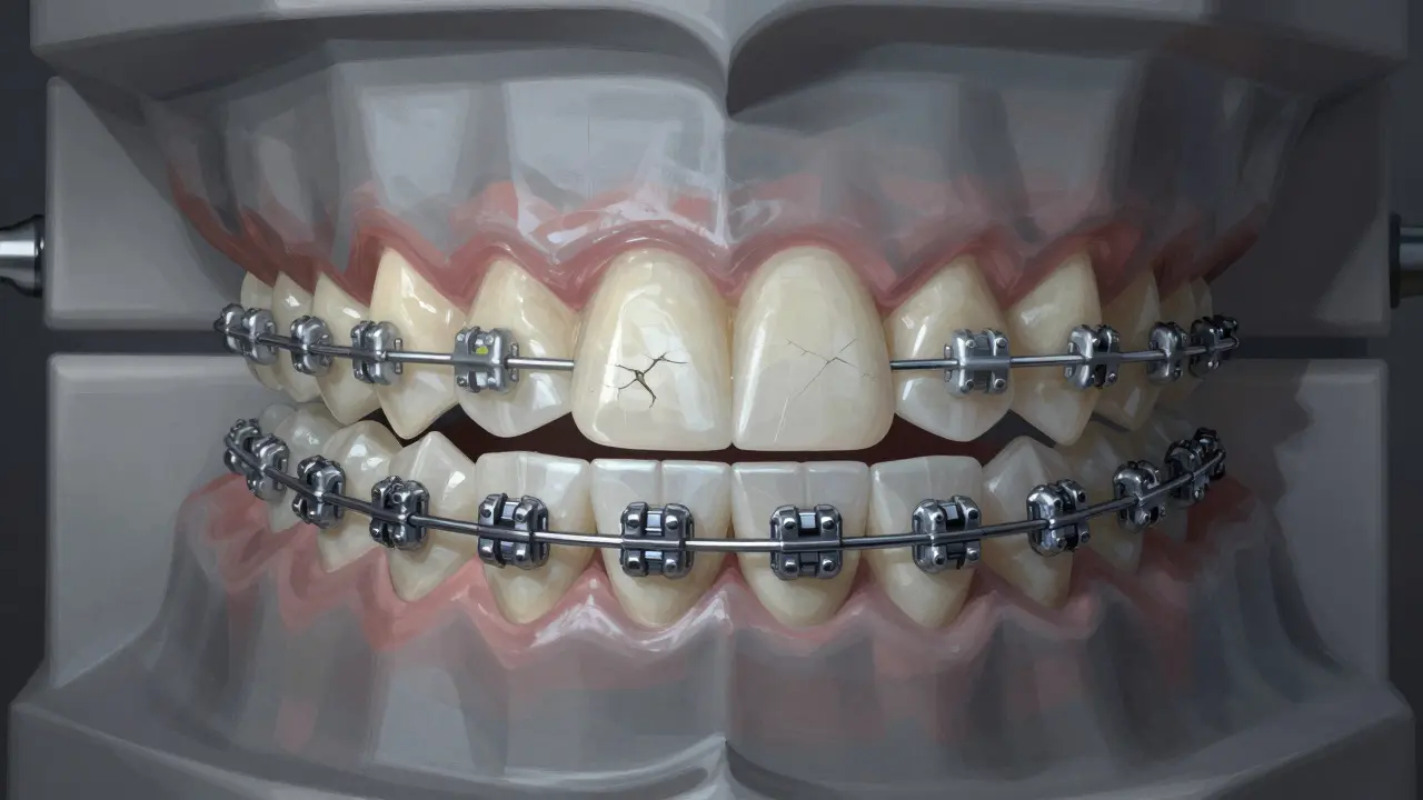 Dentální model s keramickými a kovovými rovnátky, ukazující opotřebení na kontaktu.