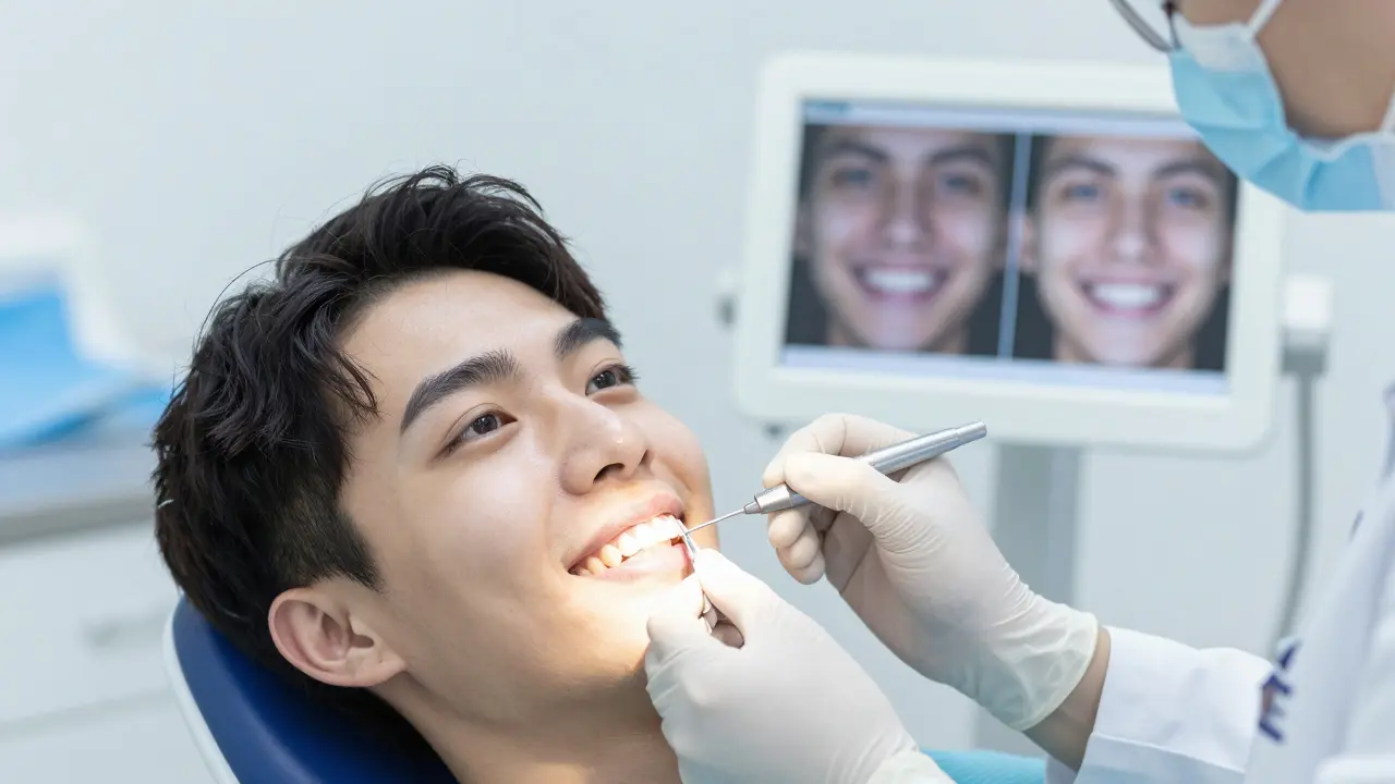 Dentista připevňuje keramické fazety na přední zuby pacientky v klinice.