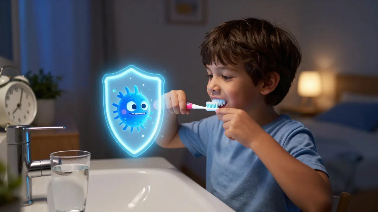 Dítě čistí zuby s hračkovým štětečkem večer v ložnici.