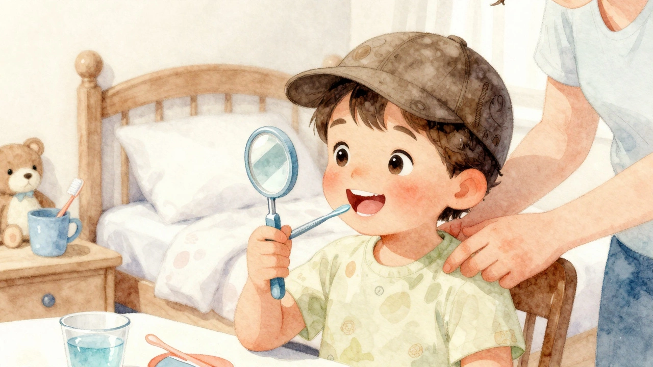 Dítě si drží dentální zrcátko jako hračku a usmívá se při prohlídce zubů.