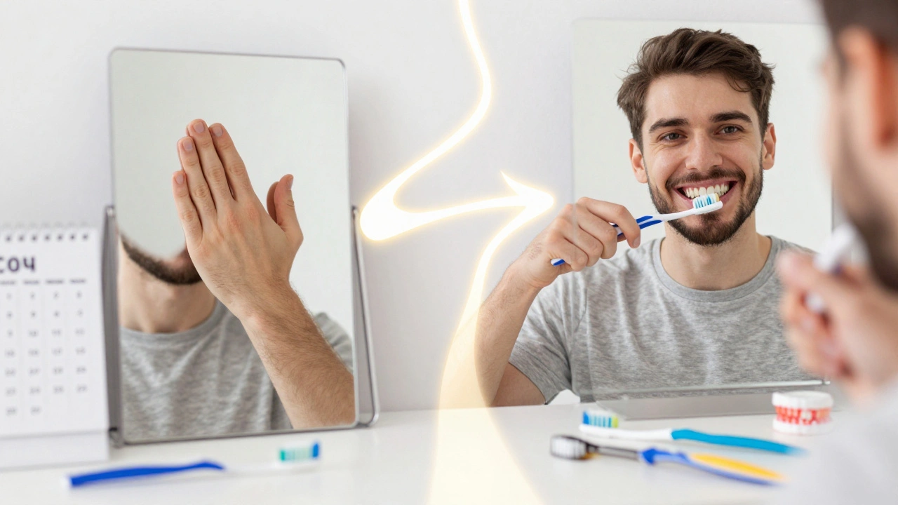 Dvě scény v zrcadle: jedna s obavami, druhá s sebedůvěrou – volba mezi zanedbáním a pravidelnou péčí.