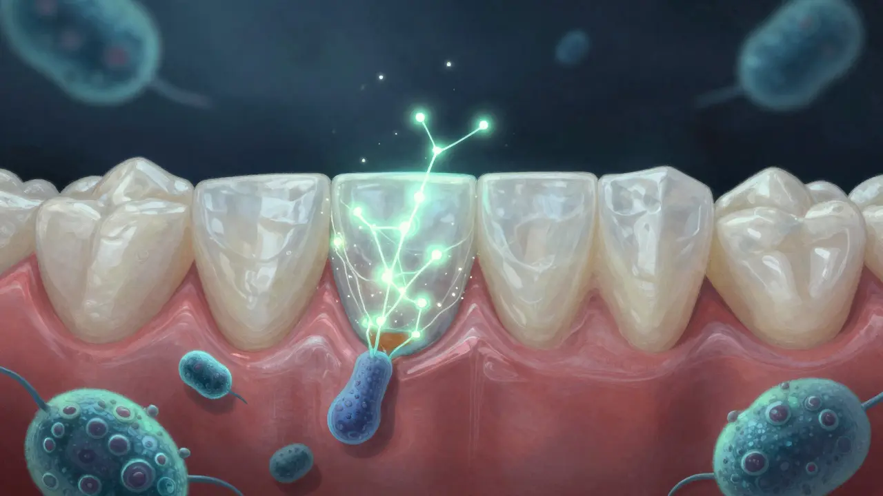 Glowing fluoride particles chrání zub pod korunkou proti rozkladu.