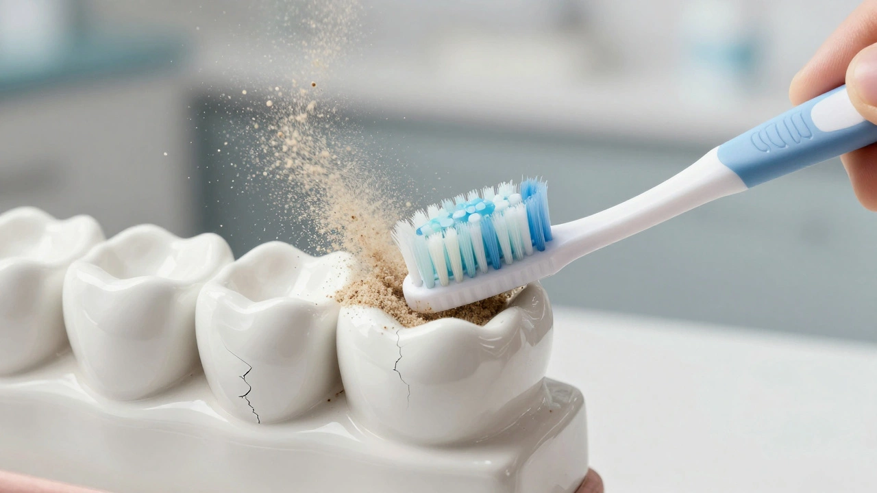 Jemné čištění keramické onlay měkkým kartáčkem, zatímco abrazivní částice ničí povrch.