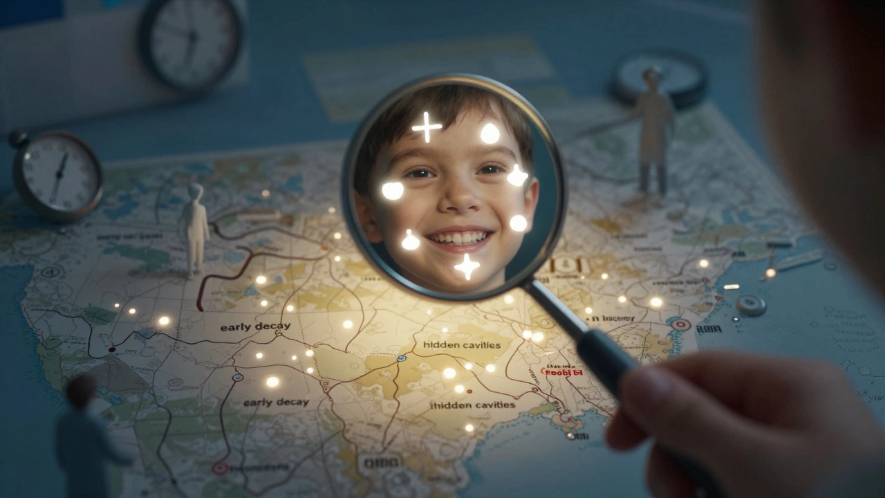 Koncepční obrázek zubního kazu jako viditelných signálů odražených v zrcátku.