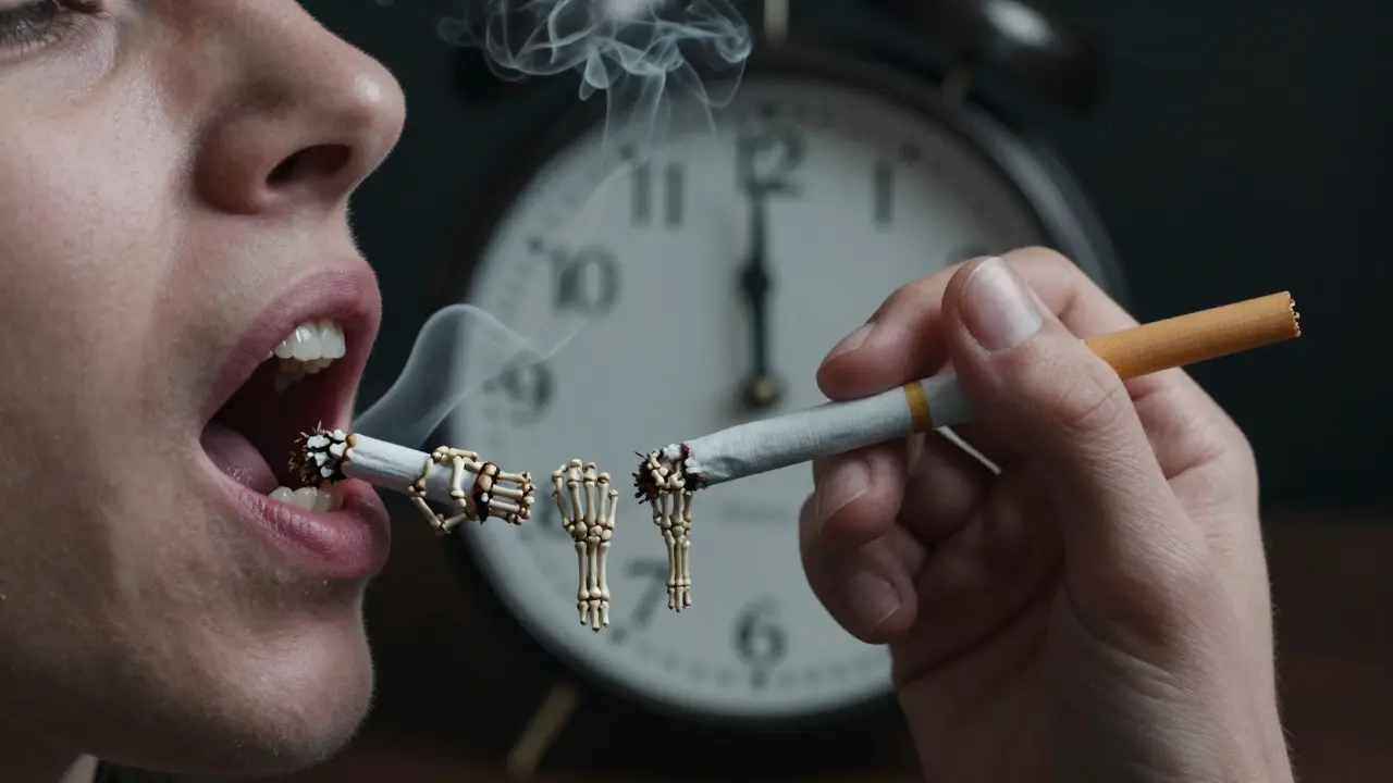 Kouř z cigarety přeměňuje v ruce, které vytahují zuby z úst.