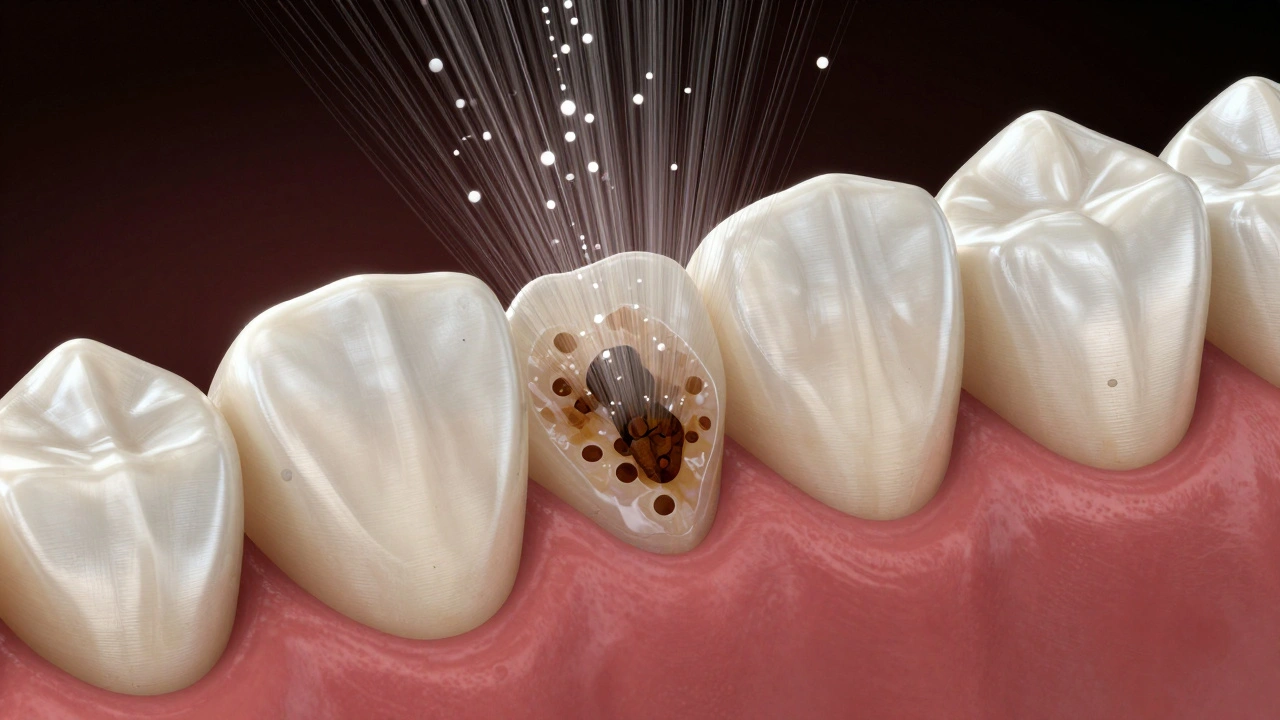 Magnified view of tooth surface being cleaned by fine powder particles.