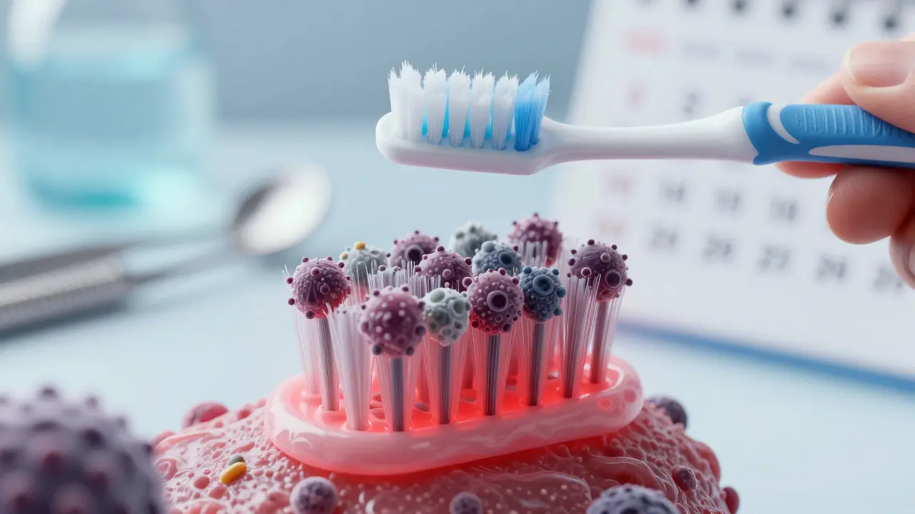 Mikroskopický pohled na bakterie a plak na štětinách kartáčku s červeným varováním.