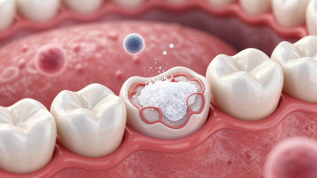 Mikroskopický pohled na bakterie živící se cukrem a ničící zubní email, sliny neutralizují kyselinu.