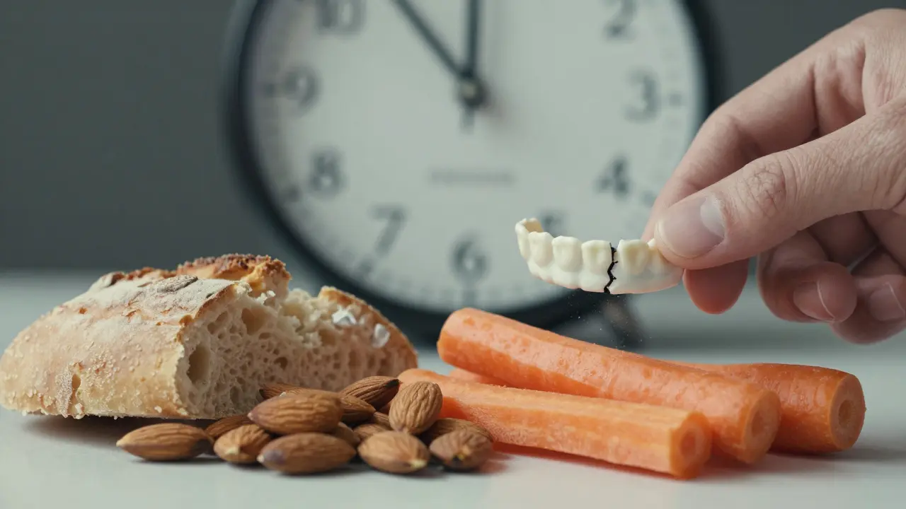Odpojená keramická rovnátka vedle tvrdého jídla a hodin ukazujících prodlouženou léčbu.