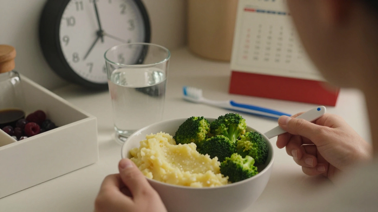 Osoba jí jemné potraviny po dentální hygieně, na pozadí je zubní pasta pro citlivé zuby.