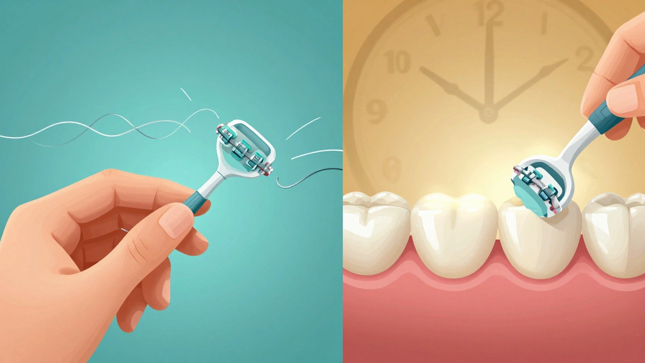 Porovnání sonického a rotačního kartáčku: jeden čistí mezi drátky, druhý na plochých površích zubů.