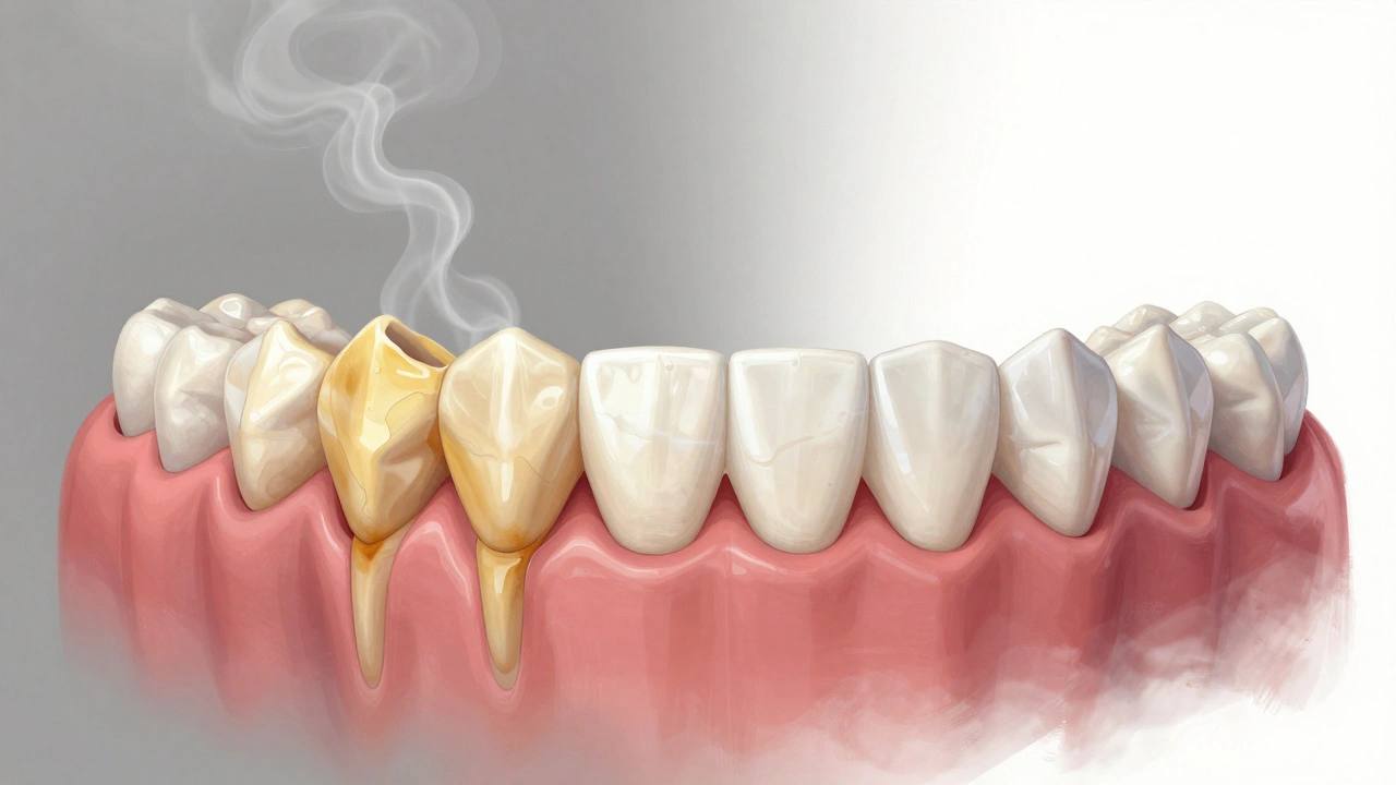 Porovnání tmavých a bělých zubů — vlevo skvrny z kouření, vpravo čisté zuby po odborném čištění.