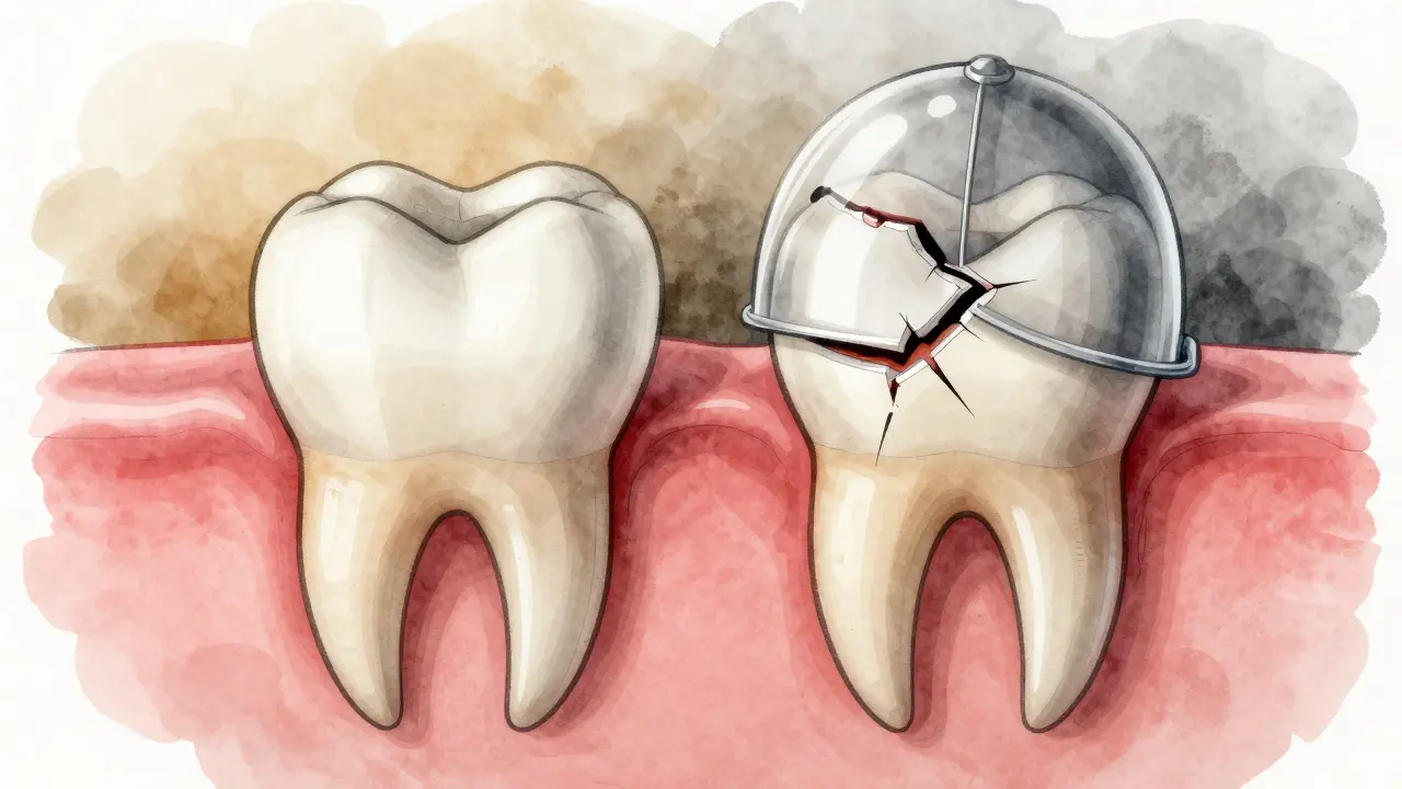 Porovnání zdravého a poškozeného zubu s korunkou jako ochranou.