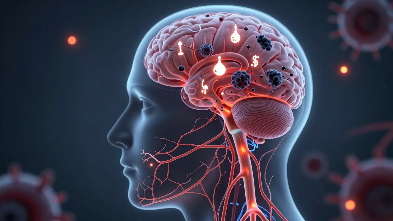 Přehled lidské hlavy s viditelnými zánětlivými cestami z úst do hypotalamu ovlivňujícími hormony.