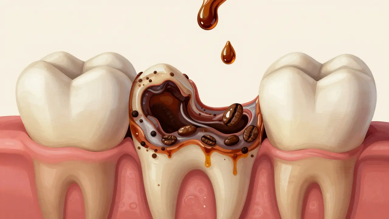 Příčný řez zubem ukazující, jak káva proniká do dentinu a ničí sklovinu zevnitř.