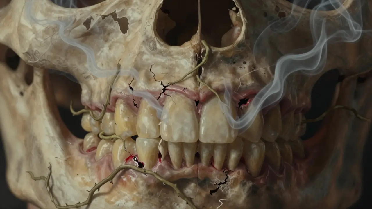 Průřez čelistí s kouřem ničícím kost a tkáň pod dásněmi.