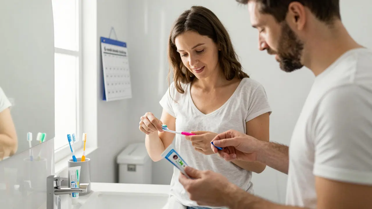 Rodina mění dětský kartáček, na pozadí viditelné více označených kartáčků a kalendář.