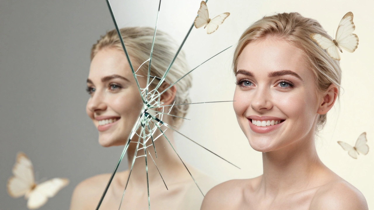 Rozdělené zrcadlo symbolizující přechod od nejistoty k sebevědomí.