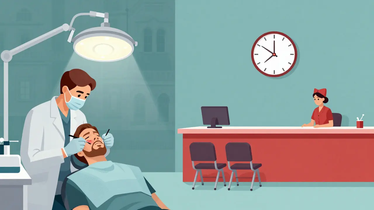 Rozdělený obrázek: zubní lékař léčí pacienta s otokem a hodiny ukazují pozdní hodinu.