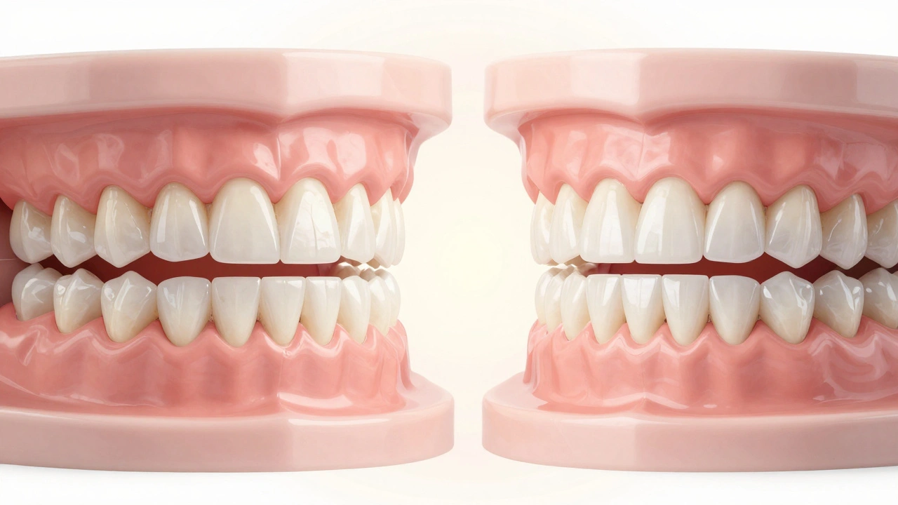 Side-by-side comparison of natural stained teeth and teeth with perfect ceramic veneers.