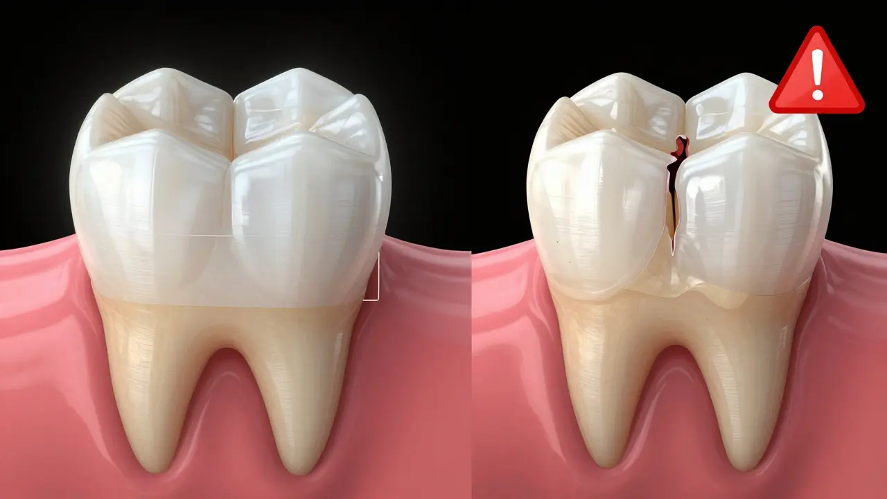 Side-by-side comparison of properly and improperly prepared teeth for veneers.
