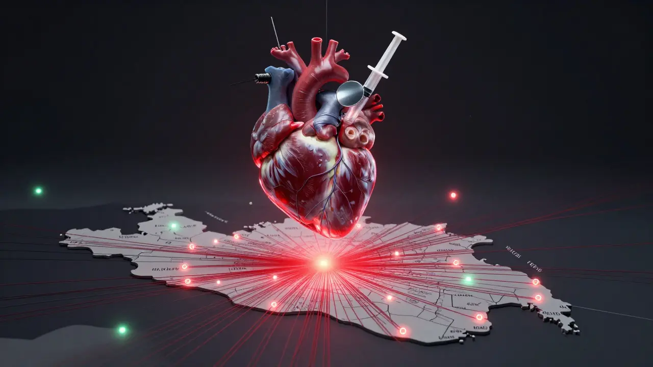 Srdce složené z zubních nástrojů nad mapou Prahy, barevné linie ukazují rozdílnou dostupnost pohotovostí.