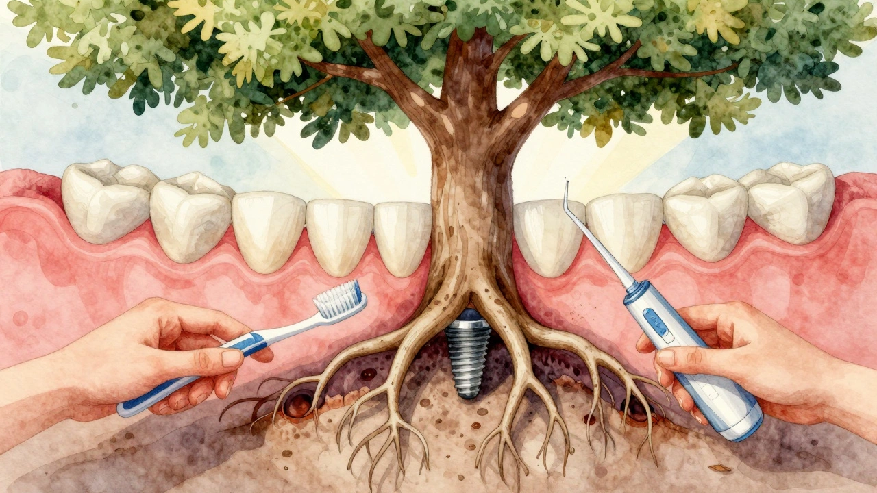 Strom s kořeny z čelisti, ruce pečují o dásně, světlo odzrcadluje péči o implantáty.