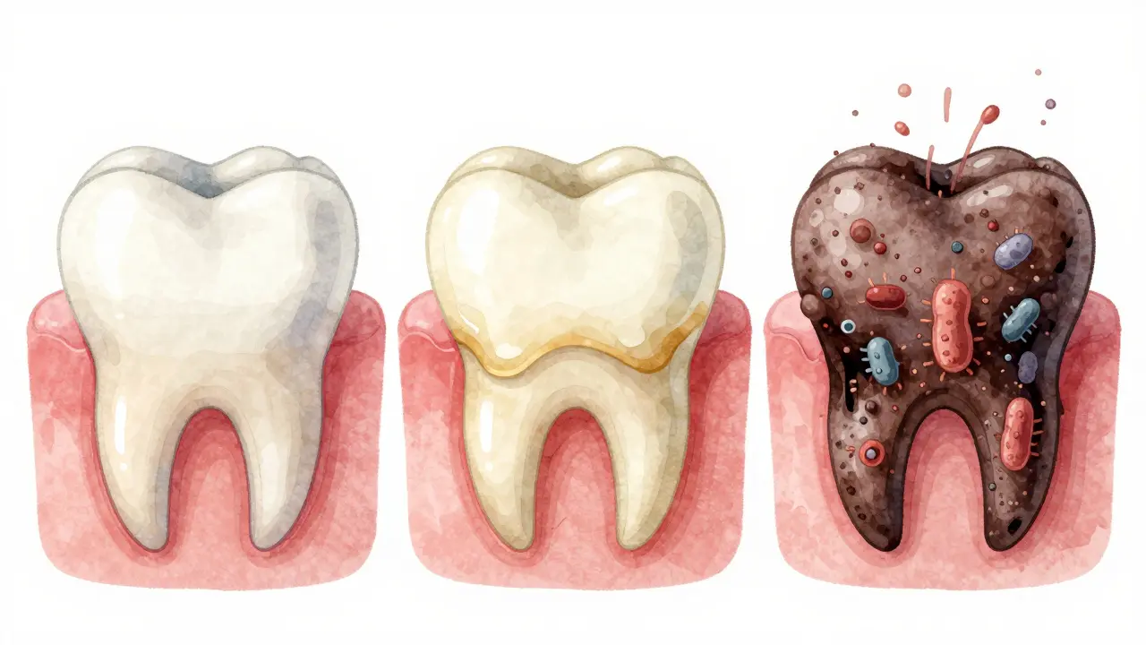 Vývoj zubního plaku na zubu do zubního kamene.