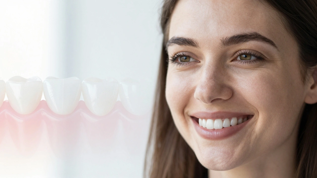 Woman smiling with natural-looking veneers, sunlight highlighting her flawless teeth.
