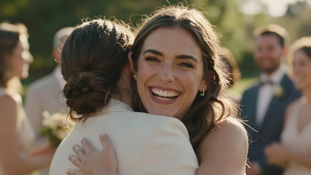 Žena se směje na svatbě s krásným, přirozeným úsměvem na tváři.